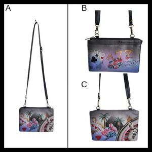 Anna Anuschka Hand Painted Leather VEGAS Bag Crossbody Purse Clutch RIFD Blocker